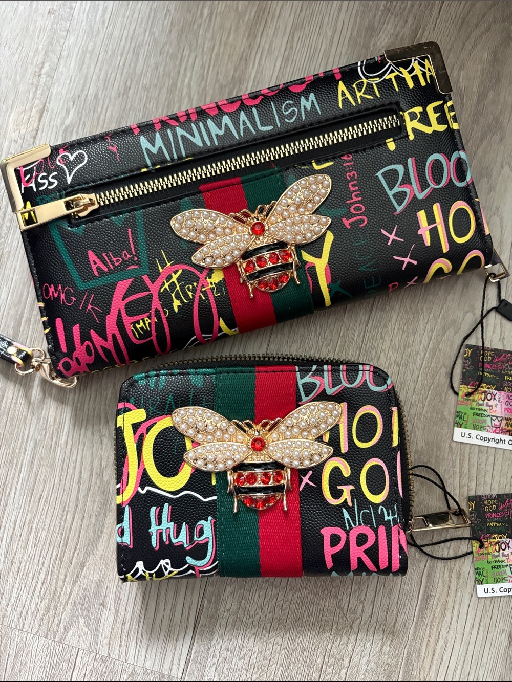 Colorful Graffiti Wallet/ clutch and wallet with Gold Bee Accent